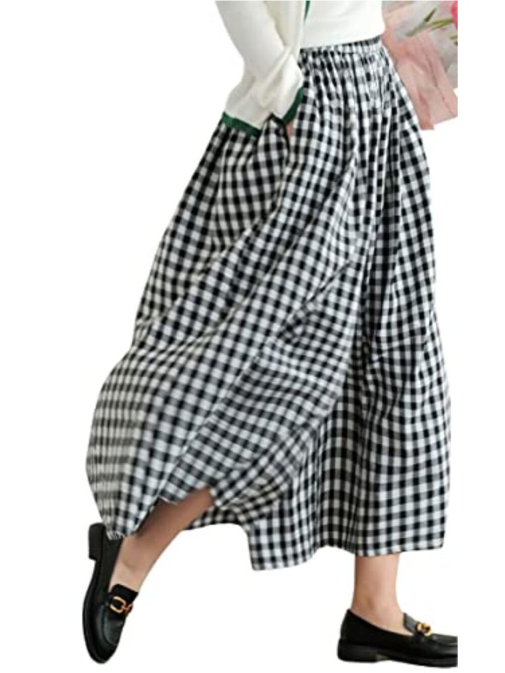 Cotton Linen Wide Leg Capri Palazzo Pants Elastic Waist Plaid